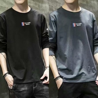 เสื้อยืดแขนยาว ผ้าฝ้าย สไตล์เกาหลี สําหรับผู้ชาย