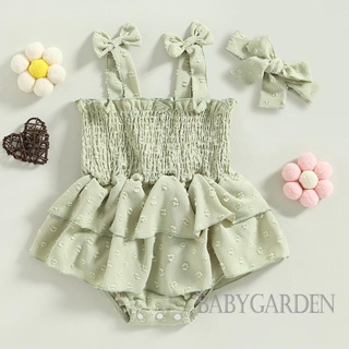 Babygarden-0-24 เดือน เด็กผู้หญิง สีพื้น โบว์ สายรัด Ruched บอดี้สูท แขนกุด พร้อมที่คาดผม