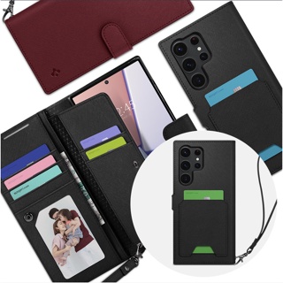 Spigen - Wallet S+ Case for Galaxy S23 series / s23+ ultra plus black burgundy card pocket 7 slots wrist short strap