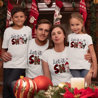 Let It Snow Snowman Family Matching T-Shirts CNY Family Short Sleeve Couple Clothes Dad Mum Kids Tee Shirts White T_01