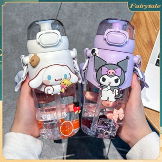 600มิลลิลิตร Kawaii Sanrio ถ้วย Kuromi Cinnamoroll Melody Purin ฟางถ้วยแบบพกพาไหล่เดี่ยวขวดน้ำเด็กของขวัญ【นางฟ้า】