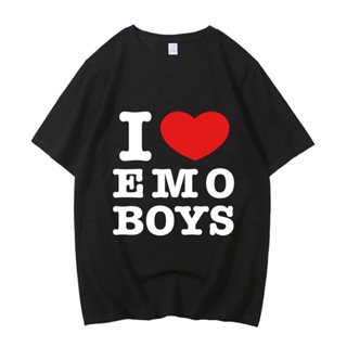 เสื้อยืด ผ้าฝ้ายแท้ พิมพ์ลายกราฟฟิค i love emo สไตล์สตรีท ไซซ์ EU สําหรับผู้ชาย 2000s