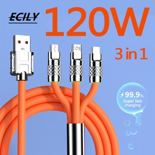 Ecily 3in1 6A 120W Type-C สายชาร์จเร็ว สําหรับโทรศัพท์ Micro USB Type-C สายชาร์จสําหรับโทรศัพท์