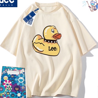 Short-Sleeved T-Shirt Round Neck Cotton Loose Fit Little Duck Print Yellow Fashion Summer For Couples_01