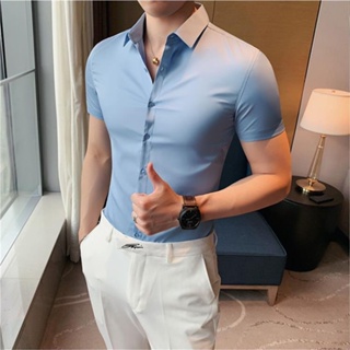 Spot high-quality] ice silk shirt mens short-sleeved summer thin slimming high-end stylish shirt temperament business leisure ice shirt minority design sense
