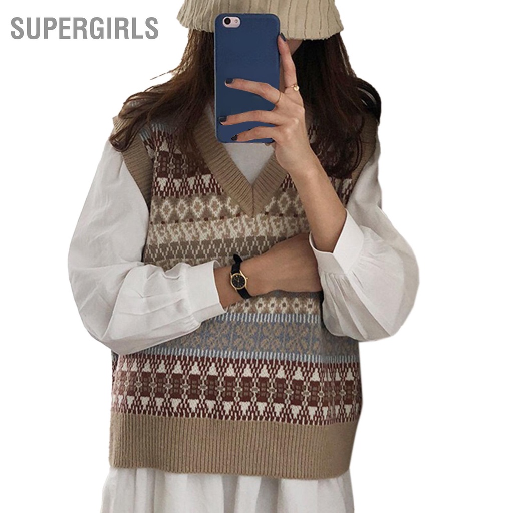 supergirls-เสื้อกั๊กคอวี-ลายเกล็ดหิมะเสื้อถัก