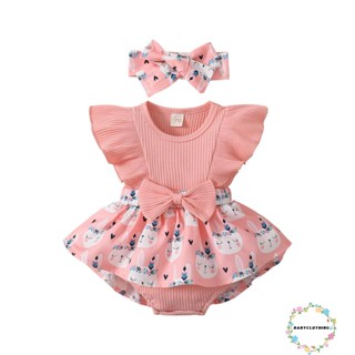 Babyclothes- ชุดจั๊มสูทรอมเปอร์ คอกลม แขนพอง พิมพ์ลายกระต่าย พร้อมที่คาดผม ประดับโบว์ สําหรับเด็กผู้หญิง