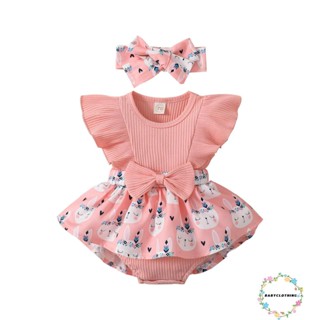 Babyclothes- ชุดจั๊มสูทรอมเปอร์ คอกลม แขนพอง พิมพ์ลายกระต่าย พร้อมที่คาดผม ประดับโบว์ สําหรับเด็กผู้หญิง