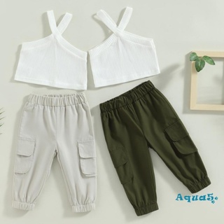 Aqq- ชุดเสื้อแขนกุด และกางเกงคาร์โก้ ผ้ายืด สีพื้น แฟชั่นฤดูร้อน สําหรับเด็กผู้หญิง