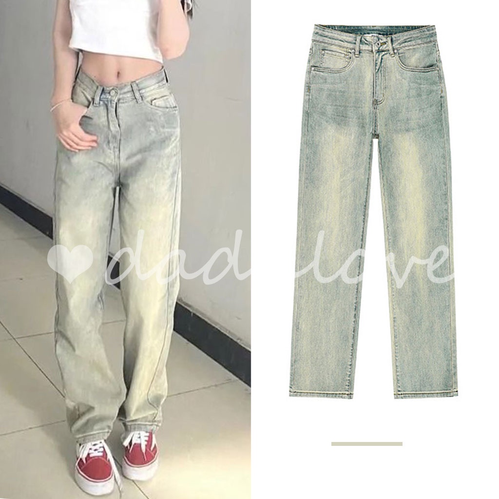 dadulove-new-american-washed-retro-high-street-yellow-mud-jeans-high-waist-slim-female-straight-leg-pants