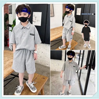 ฤดูร้อนชาย/ชุด   2023 ใหม่แฟชั่นเกาหลีเด็กชายวาฟเฟิลโปโลคอปกแขนสั้น + กางเกงครอป เซ็ต 2 ชิ้นหล่อ  เสื้อผ้าของเด็กชาย