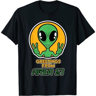 Short Sleeves Oversized T-Shirt Alien UFO Printed With Greeting From An Area Of 51 Stors For Men And Women S-4XL_02