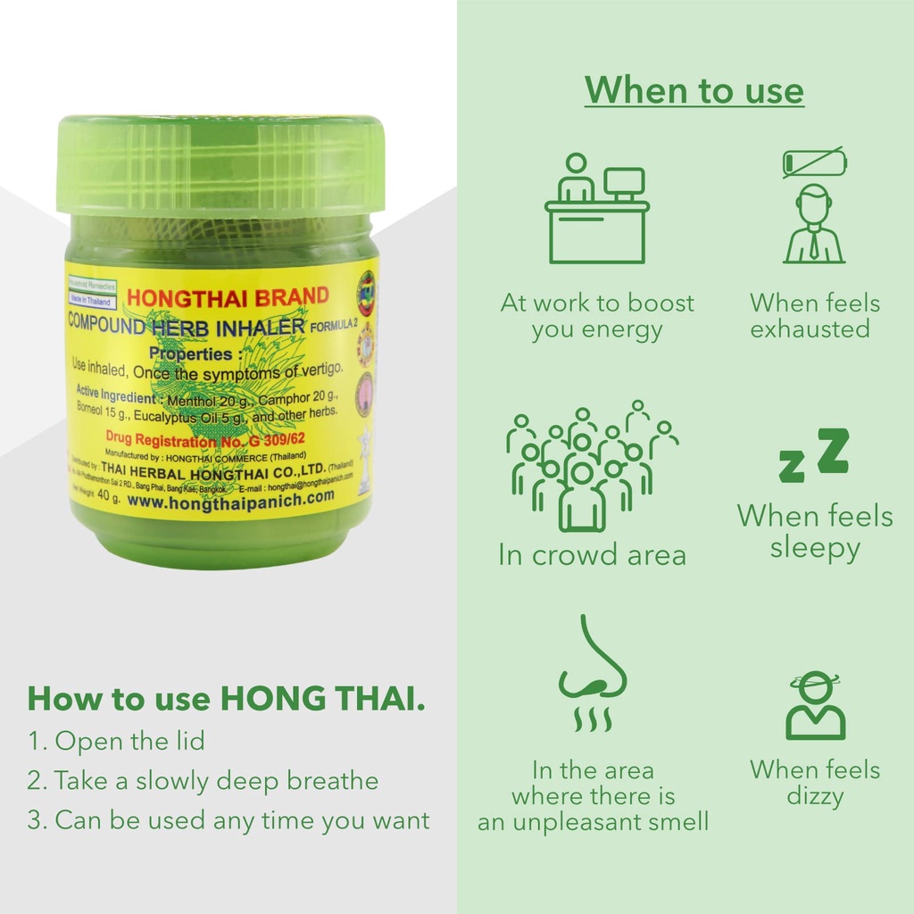 Hongthai Herbal Inhalant 20g X3 - Soulagement Vertiges, Rhume, Maux Tête - Ingrédients Naturels Menthol - Fabriqué Thaïlande