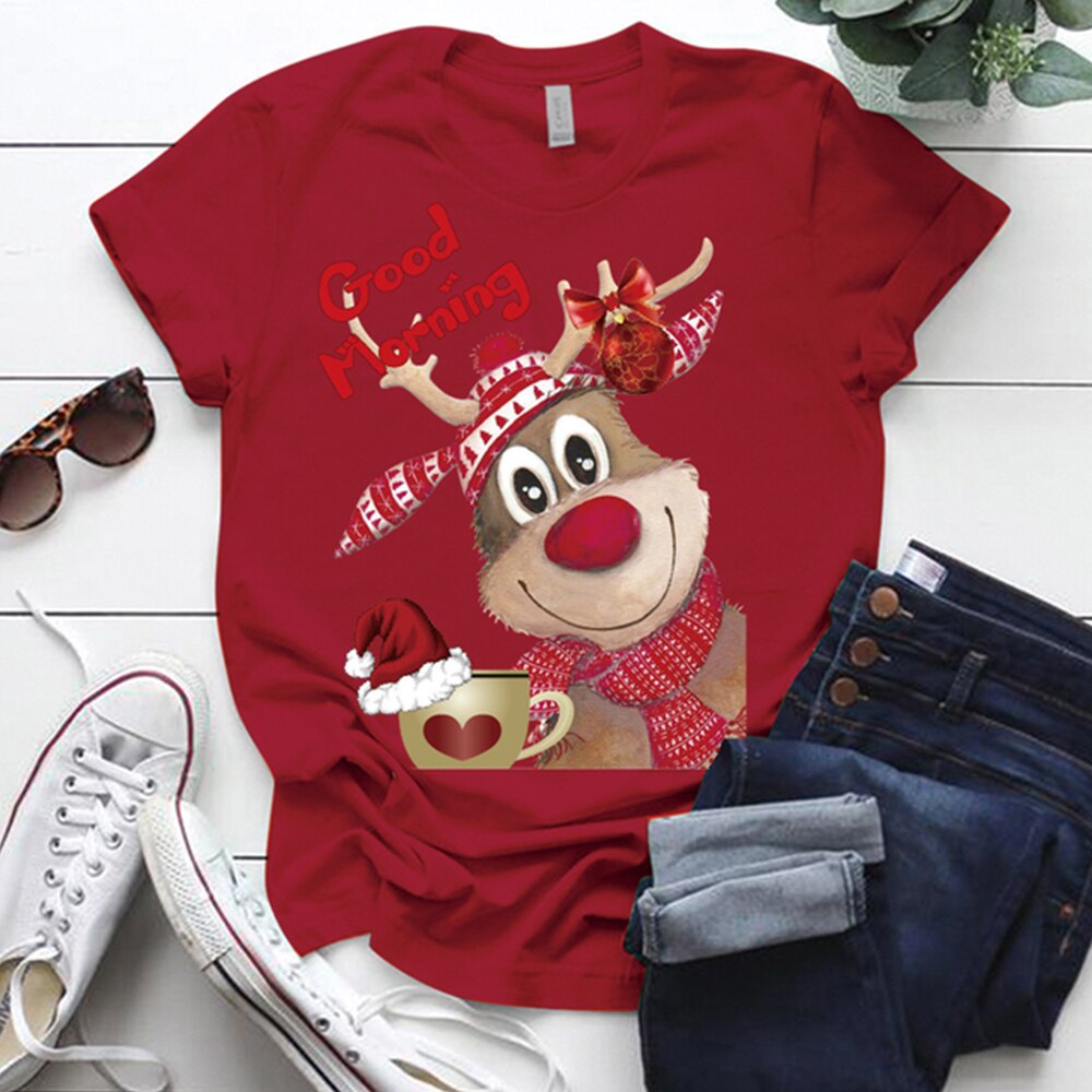 คริสต์มาส-reindeer-good-morning-พิมพ์น่ารักพิมพ์วันหยุดของผู้หญิงเสื้อยืด-s-5xl-ตลกน่ารักสตรีคริสต์มาสเสื้อยืดเสื้อยืดเส