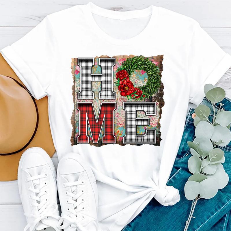 เสื้อยีด-ผู้หญิงสุขสันต์วันคริสต์มาสดอกไม้ใหม่น่ารักฤดูหนาว-tshirt-วันหยุดที่ดีด้านบนกราฟิกเสื้อเสื้อยืดการ์ตูนสวยปีใหม่