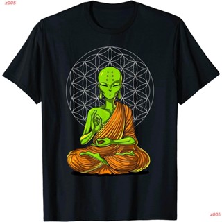 เสื้อยืดผู้ z005 Space Alien Buddha Zen Yoga Meditation Spiritual Buddhist T-Shirt พระพุทธเจ้า เสื้อยืดพิมลาย เสื้อผู้ชา