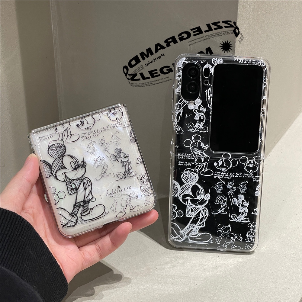 oppo-find-n2-flip-cute-cartoon-mickey-with-long-chain-hard-transparent-case-shockproof-flip-phone-back-cover