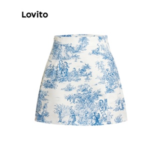 สินค้า Lovito มินิสเกิร์ตโบโฮ ลายดอกไม้ เอวเเยก สำหรับสตรี L45ED075 (สีน้ำเงินขาว)