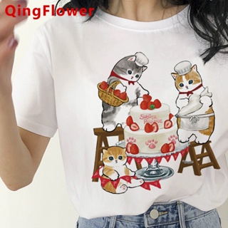 เสื้อยืด พิมพ์ลายกราฟิกการ์ตูนแมวตลก เหมาะกับฤดูร้อน สไตล์ญี่ปุ่น สําหรับผู้หญิง