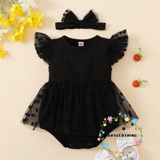 Babyclothes- ชุดจั๊มสูทรอมเปอร์ คอกลม แขนพอง ผ้าตาข่าย ลายจุด สีดํา พร้อมที่คาดผม แฟชั่นฤดูร้อน สําหรับเด็กผู้หญิง