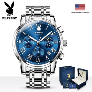 สินค้า Playboy 3026-110 พร้อมส่ง นาฬิกาข้อมือแฟชั่น สายเหล็กโครโนกราฟ เรืองแสง กันน้ํา อเนกประสงค์ สําหรับผู้ชาย