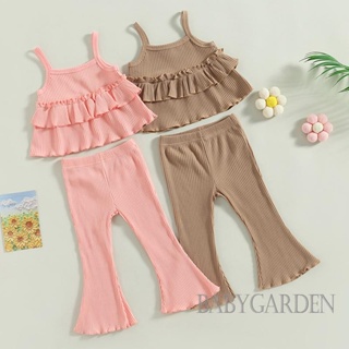 Babygarden-1-6 ปี ชุดเสื้อผ้าเด็กผู้หญิง, เสื้อยกทรง ระบายชั้น + กางเกงขาบาน สีพื้น