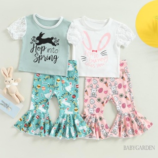 Babygarden-bbay ชุดเสื้อแขนยาว พิมพ์ลายตัวอักษร และกางเกงขาบาน พิมพ์ลายกระต่าย สําหรับเด็กผู้หญิง