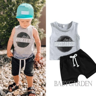 Babygarden-0-3 ปี ชุดเสื้อผ้าเด็กผู้ชาย แขนกุด คอกลม พิมพ์ลายตัวอักษร + กางเกงขาสั้น แบบผูกเชือก