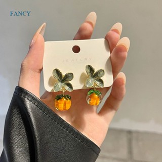 Fancy ต่างหูแบบหนีบ รูปเชอร์รี่ ผลไม้ สีส้ม สไตล์เกาหลี ไม่ต้องเจาะหู เครื่องประดับ สําหรับผู้หญิง