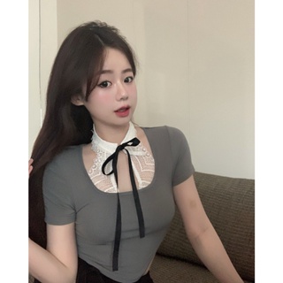 SKT497 MiniCrop  แฟชั่นเกาหลีเสื้อยืดแขนสั้นสีเทาผู้หญิงผอมเพรียวอวดรูปร่างเสื้อครอปพร้อมแผงลูกไม้