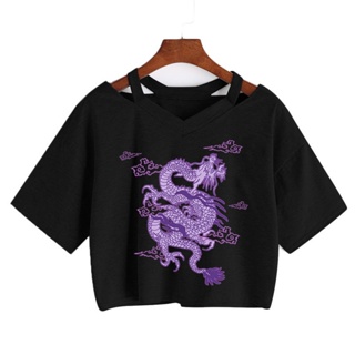 Woman T-shirts Harajuku Dragon kpop ropa y2k Crop Tops Aesthetic Vintage Femme V-neck Tops korean Punk Streetwear G_01
