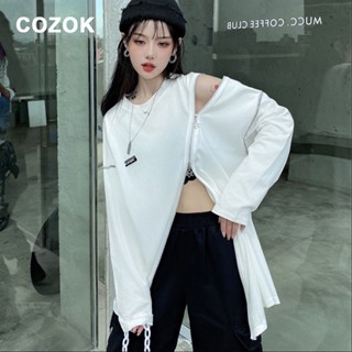เสื้อยืดแขนยาว คอกลม ทรงหลวม ความยาวปานกลาง แต่งซิป สีขาว แฟชั่นสําหรับผู้หญิง