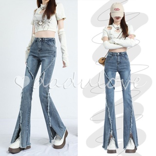 DaDulove💕 New Korean Version of Ulzzang Light Blue Womens Jeans High Waist Slim Fit Trousers Raw Edge Pants