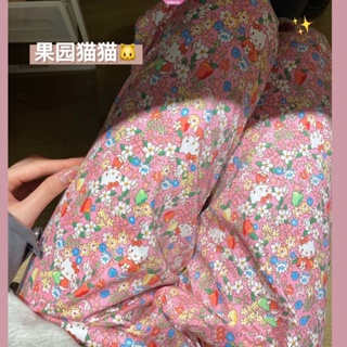 SANRIO กางเกงขากว้าง ผ้าฝ้าย เอวสูง ทรงตรง ลายการ์ตูน Kuromi Hello Kitty แฟชั่นฤดูใบไม้ผลิ สําหรับผู้หญิง