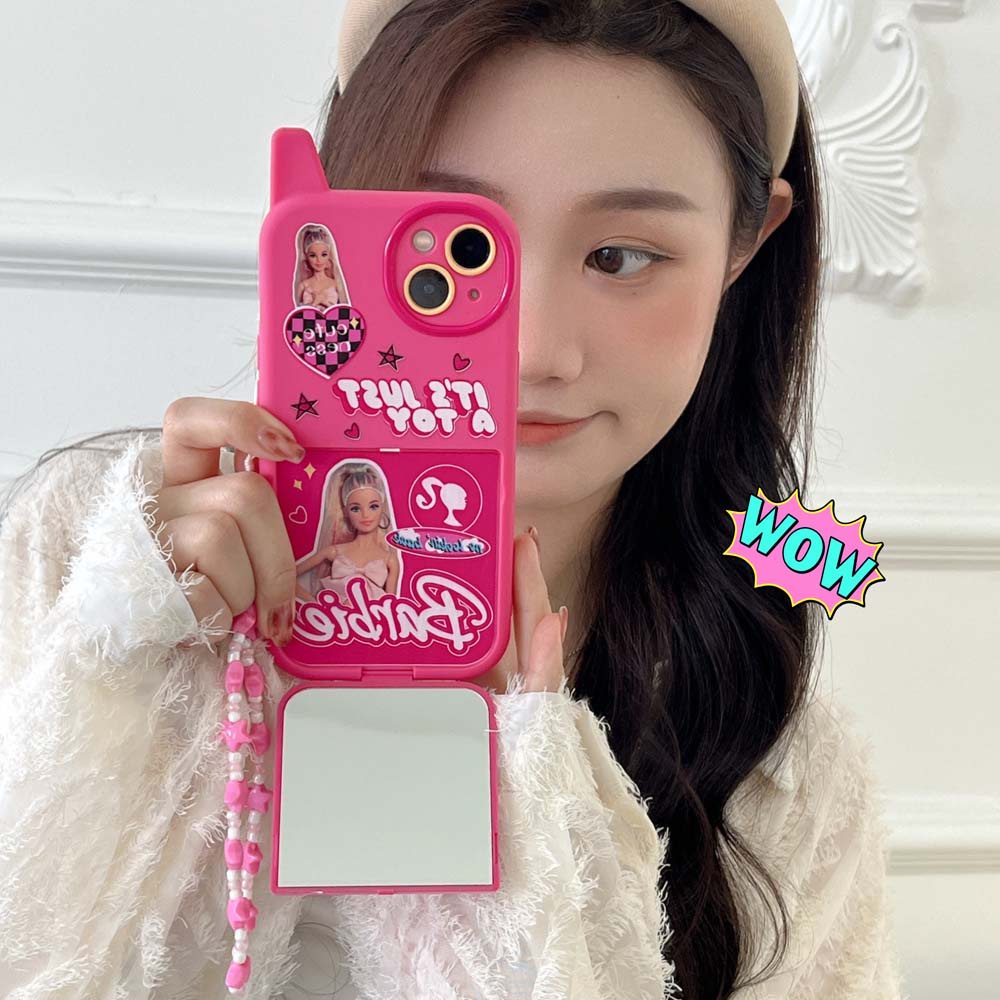 เคสโทรศัพท์มือถือนิ่ม-กันกระแทก-ลายบาร์บี้น่ารัก-พร้อมกระจกพับได้-สําหรับ-iphone-12promax-14promax-11-11promax-12pro-13-13pro-13promax-14-14pro-14plus