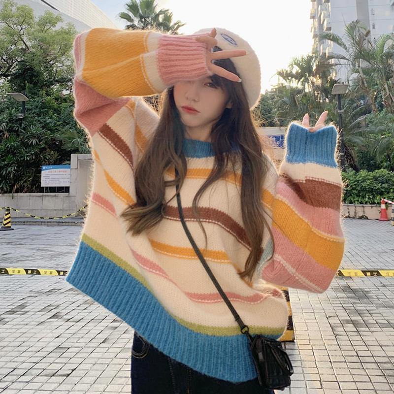 Korean Women Fashion Vintage Rainbow Striped Long Sleeve Knitted ...