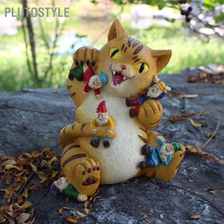  PLUTOSTYLE Cat Figurine รายละเอียดประณีตเนื้อสีสดใสทนทานเรซิ่นรูปปั้นแมวสีเหลืองสำหรับลานสำนักงานในสวน