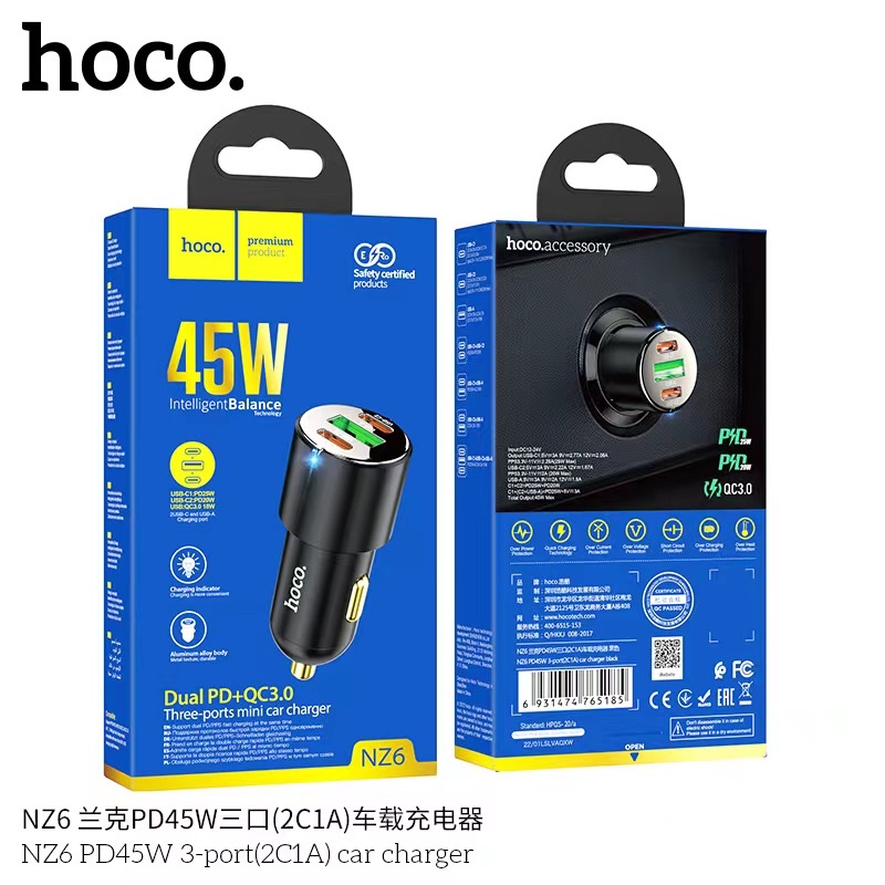 hoco-nz6-pd45w-3-port-2c1a-car-charger