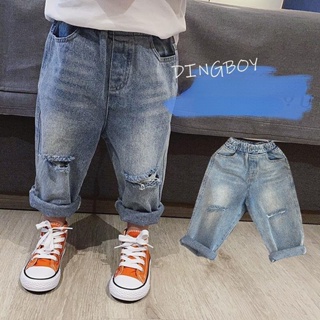 เด็กชาย Ripped/กางเกงยีนส์ ฤดูร้อนใหม่เด็กชายสุดบุคลิก/เทรนด์หลวมสไตล์เกาหลีแฟชั่นสบายๆกางเกงขาตรง เสื้อผ้าเด็กผู้ชาย