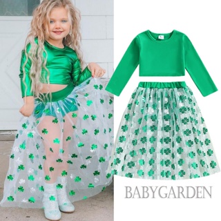 Babygarden-1-6 ปี ชุดเสื้อผ้าเด็กผู้หญิง, เสื้อครอปแขนยาว + กระโปรงตาข่าย พิมพ์ลายใบโคลเวอร์สี่แฉก แบบลําลอง