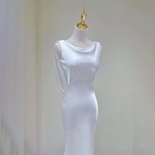 Ylff- ชุดเดรสผ้าซาติน สีขาว เรียบง่าย สําหรับเจ้าสาว ใช้ถ่ายภาพในงานแต่งงาน Ff269