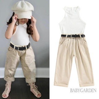 Babygarden-1-6 ปี ชุดเสื้อผ้าเด็กผู้หญิง สีพื้น เสื้อกล้าม ยาง แขนกุด + กางเกงลําลอง ยืดหยุ่น พร้อมเข็มขัด