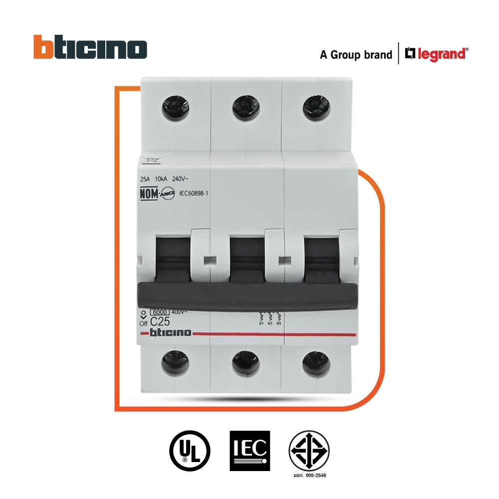 bticino-เซอร์กิตเบรกเกอร์-mcb-ลูกย่อยชนิด-3โพล-25แอมป์-6ka-แบบเกาะราง-btdin-branch-breaker-mcb-3p-25a-6ka-fn83cew25