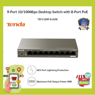 (ประกันศูนย์ไทย)TENDA เทนด้า PoE Switch 8Port TEF1109P-8-63W