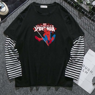 [Ready Stock] New Arrive Fashion Men/Women Long Sleeve Fake Two Roung neck Stripes Cartoon Marvel T-shirt Black &amp; W_08