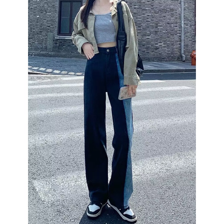 floerns-เสื้อผ้าเกาหลีกางเกงยีนส์เอวสูงผู้หญิง-ตรง-กางเกงยีนส์สองสี