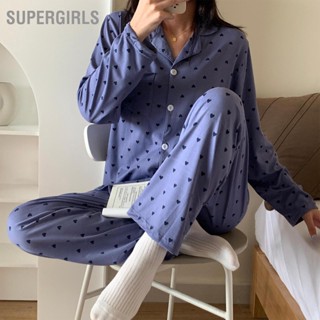 SUPERGIRLS ชุดนอนสตรีชุดลายหัวใจเปิดลงปกชุด Loungewear แฟชั่นนุ่มสำหรับฤดูใบไม้ร่วงฤดูหนาว