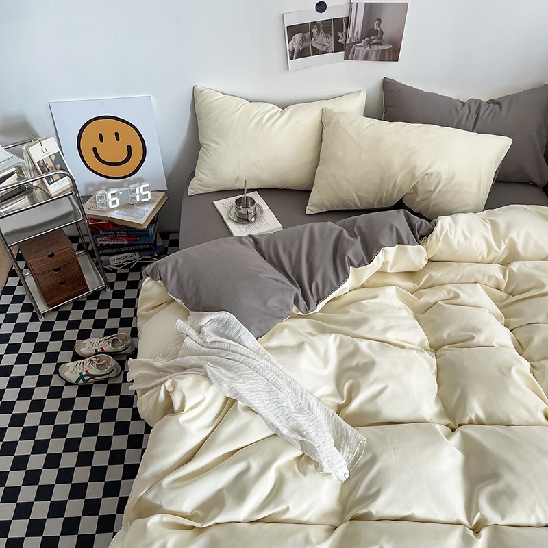 ชุดเครื่องนอน-ผ้าปูที่นอน-ปลอกหมอน-ผ้านวม-สีเหลือง-สีเทาอ่อน-ขนาดควีนไซซ์-คิงไซซ์