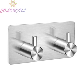 【COLORFUL】Silver Towel Holder Triple Hooks Self Adhesive Stainless-Steel Sticky Hook New