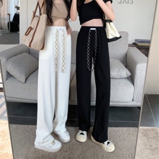 กางเกงกีฬา ขากว้าง เอวสูง เอวยางยืด ทรงตรง สีพื้น แบบเรียบง่าย แฟชั่นฤดูใบไม้ผลิ สไตล์เกาหลี สําหรับผู้หญิง 2023